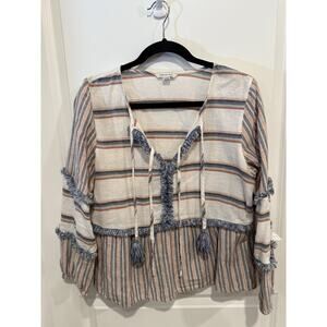 American Eagle Fringe Peasant Blouse Tassle Tie Ivory Women’s M Boho Hippie